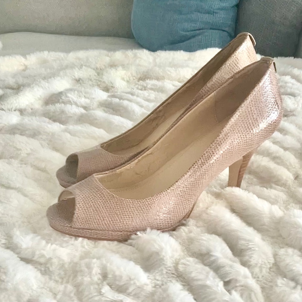 Calvin Klein Kail Pearlized Reptile Print Patent Leather Platform Open Toe Heel